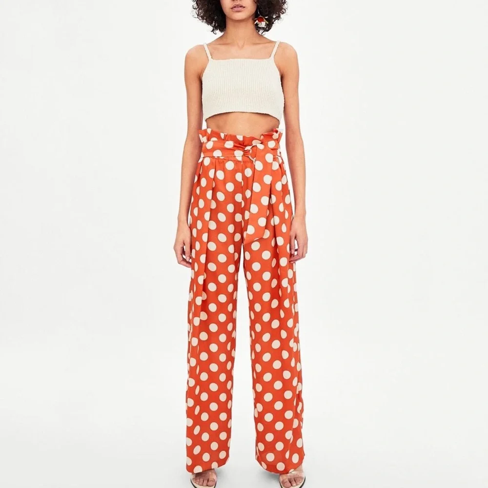 Zara Orange and White Polka Dot Wide-Leg Pants size XS - Picture 1 of 6